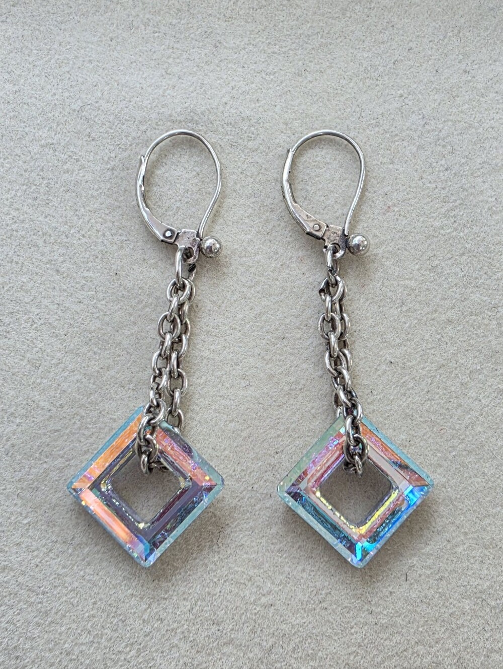 925 Sterling Silver AB Crystal Square Drop Earrings • 5.66g